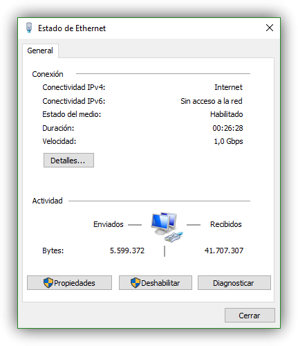 Estado de la conexión en Windows 10