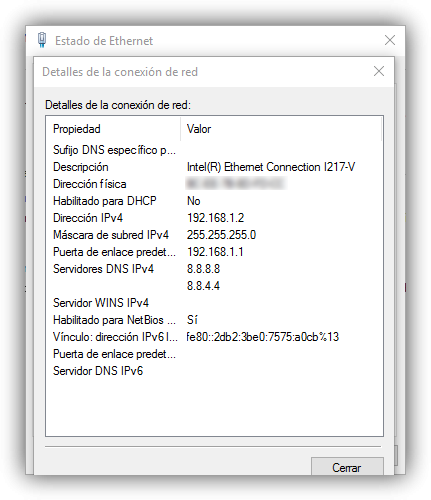 Estado y datos de la conexión en Windows 10