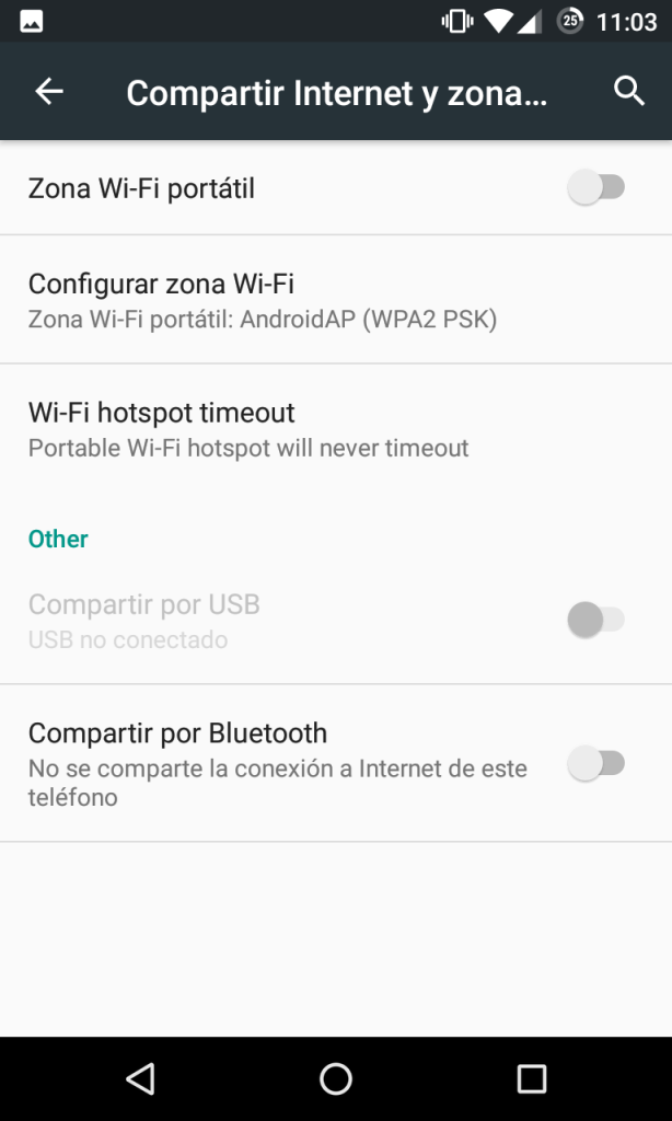 Opciones de zona Wi-Fi en Android