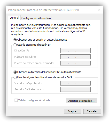 Propiedades de IP automática en Windows 10