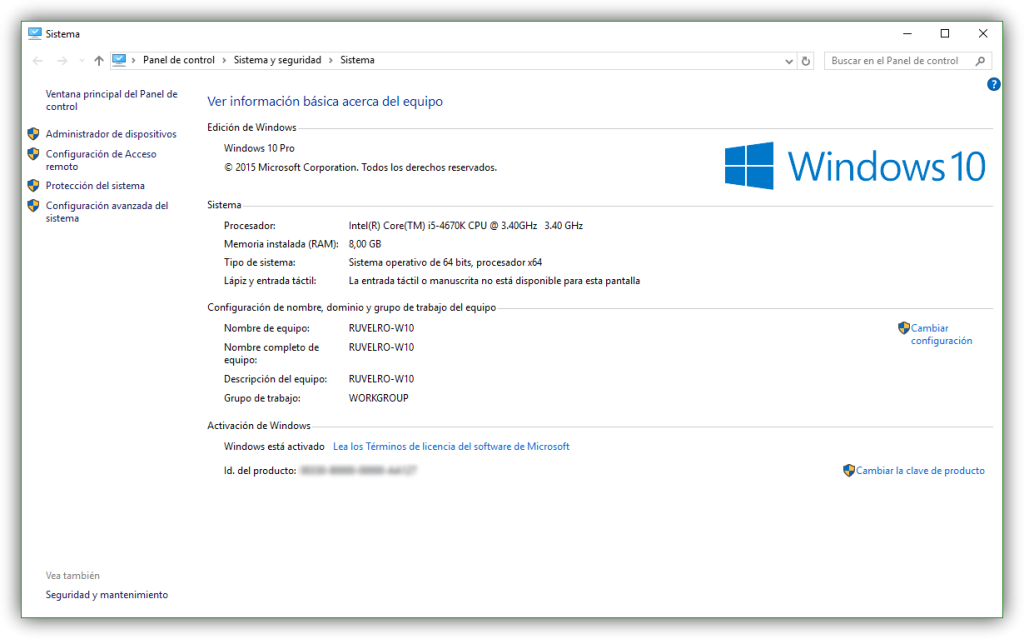 Propiedades del sistema de Windows 10