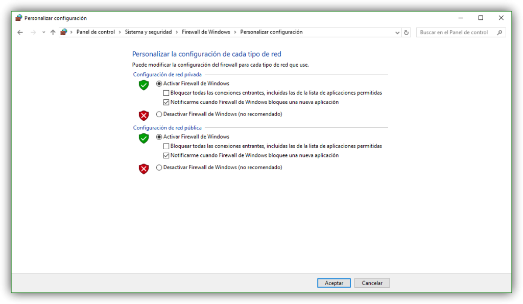Activar o desactivar firewall de Windows 10