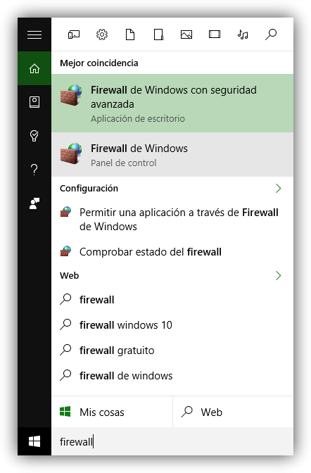 Buscar Firewall Cortana Windows 10