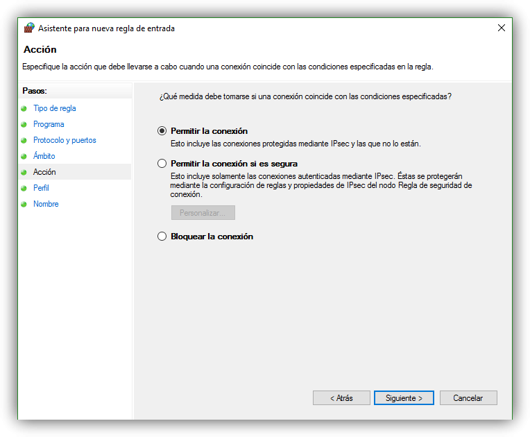 Permitir o bloquear el tráfico de la recla del firewall de Windows 10