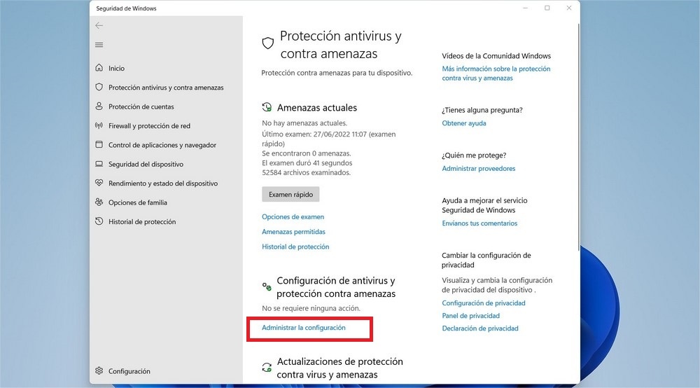 Interfaz de Windows Defender